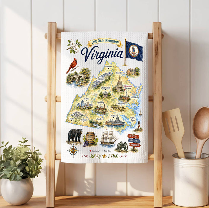 Virginia State Map Landmark Waffle Weave Towel