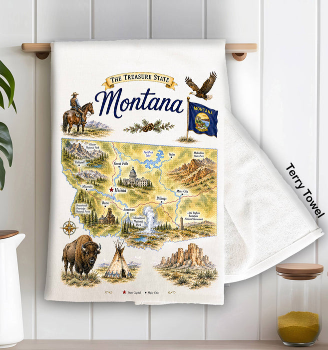 Montana State Map Landmark Kitchen Terry Towel