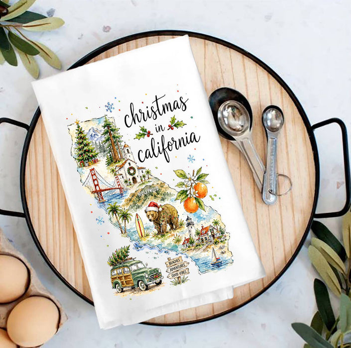 Christmas in California State Map Tea Towel