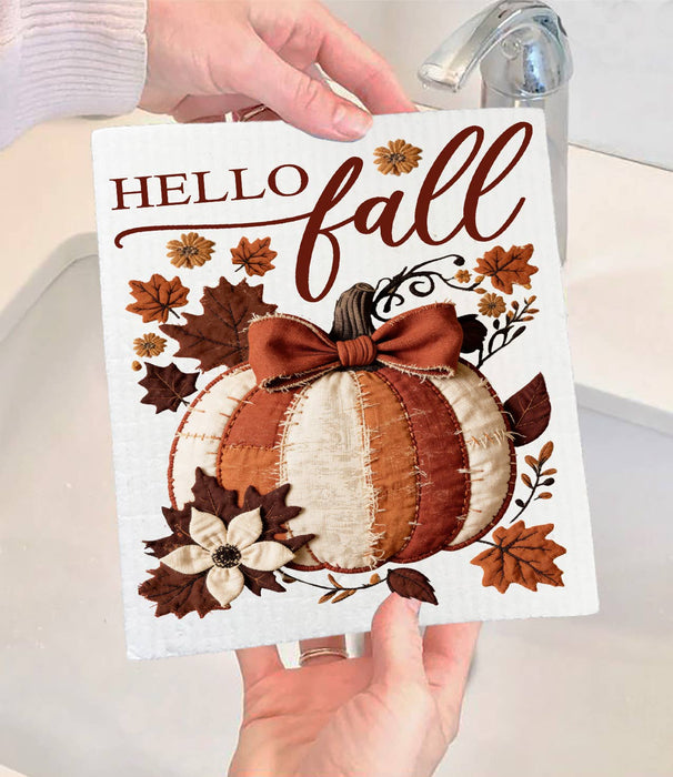 Hello Fall Quilted Pumpkin  Swedish Dishcloth