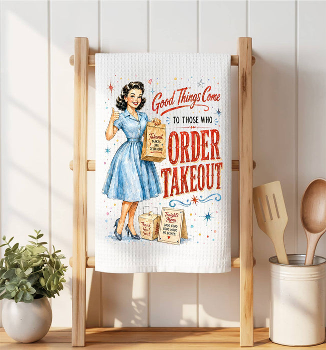 Funny Good Things Order Takeout Waffle Weave Towel