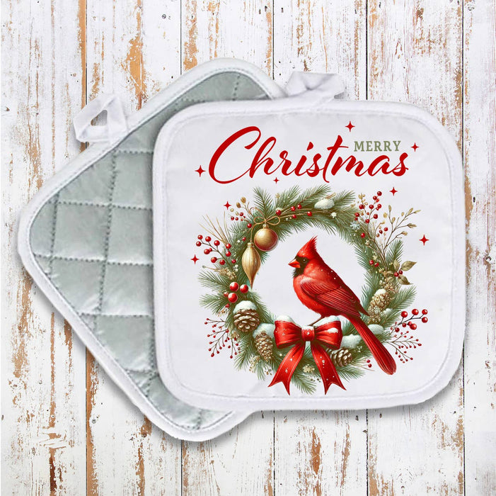 Merry Christmas Wreath Cardinal Bird Pot Holder Oven Mitt