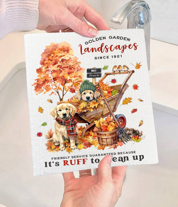 Autumn Fall Golden Retriever Gardens Swedish Dishcloth
