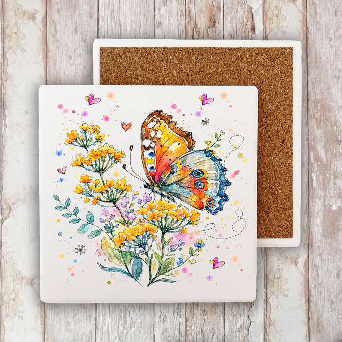 Spring Butterflies Wildflowers Stone Coaster