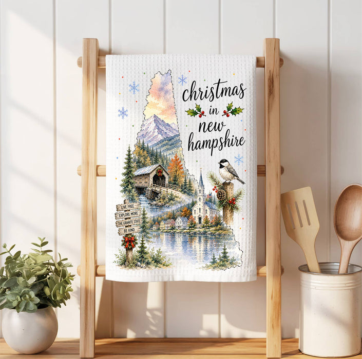 Christmas in New Hampshire State Map Waffle Weave Towel