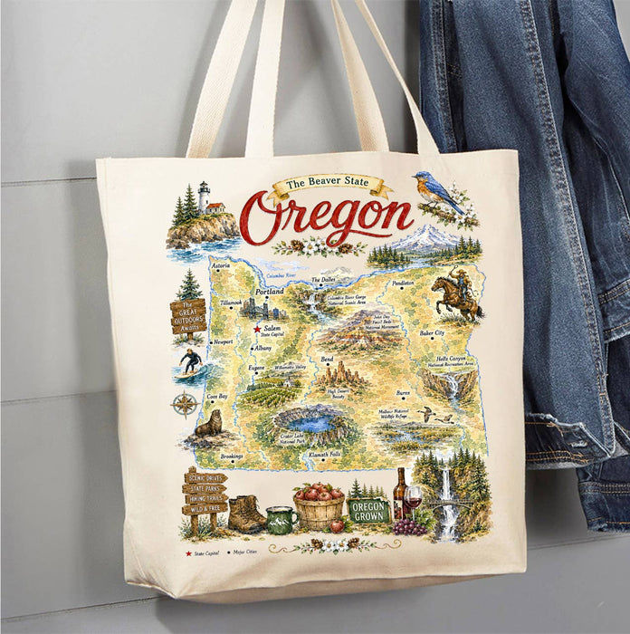 Oregon State Map Landmark Canvas Tote Bag