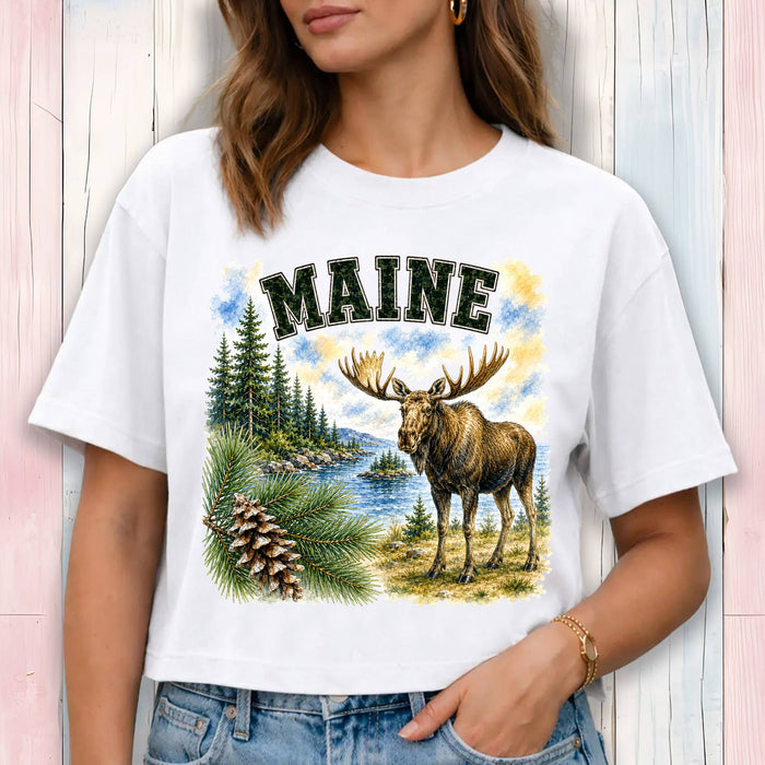 Maine State Bird and Animal Cropped T-Shirt