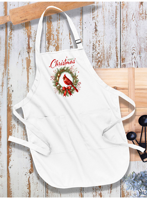 Merry Christmas Wreath Cardinal Bird Apron