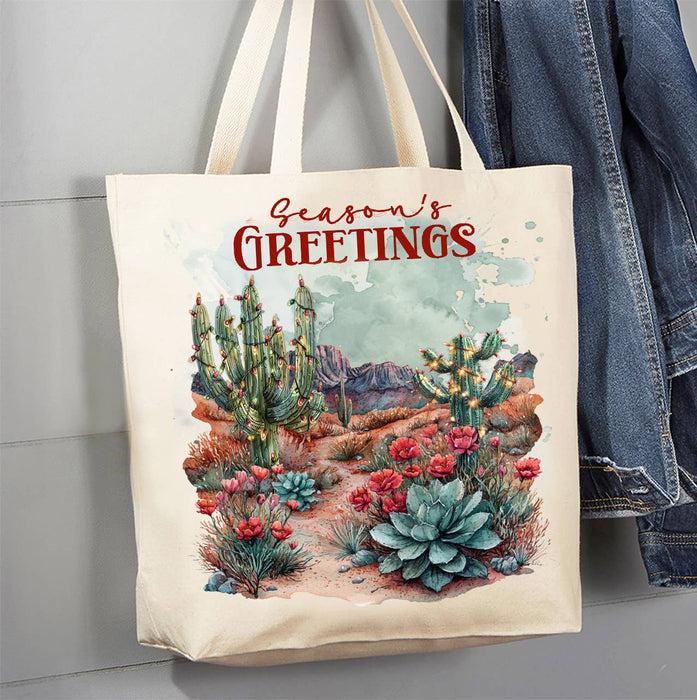 Christmas Seasons Greeting Desert Cactus Canvas Tote Bag