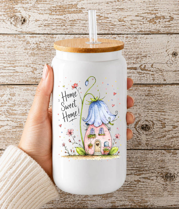 Home Sweet Home House Flowers Glass Cup