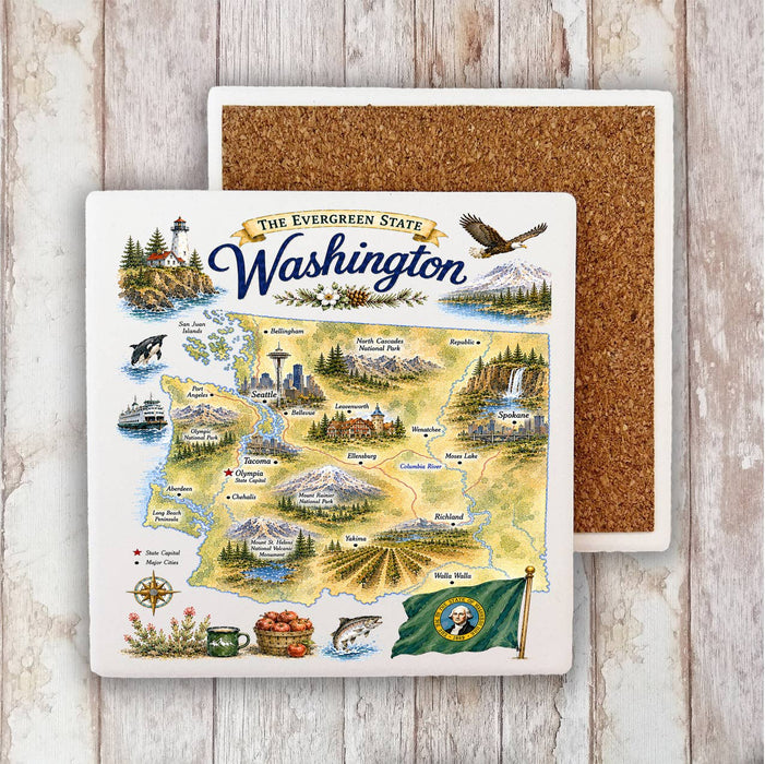 Washington State Map Landmark Stone Coaster