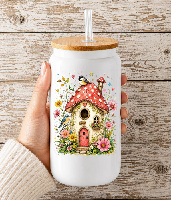 Mushroom Birdhouse Flowers Glass Cup