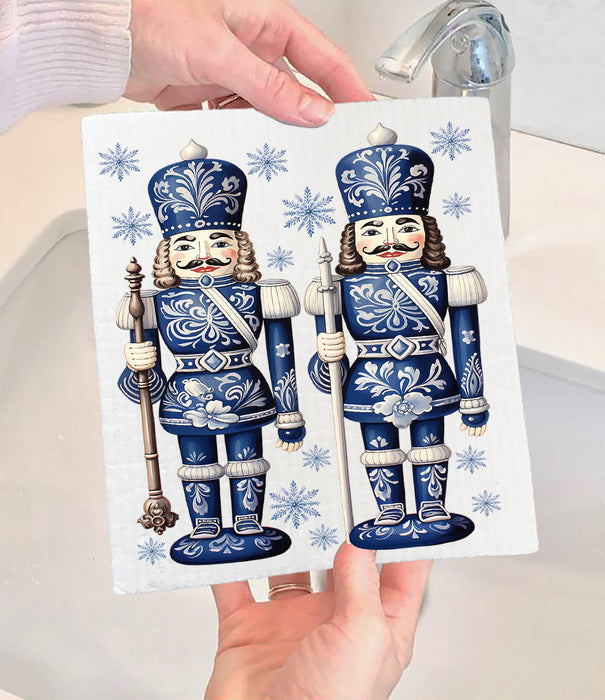 Christmas Nutcrackers Blue & White Swedish Dishcloth