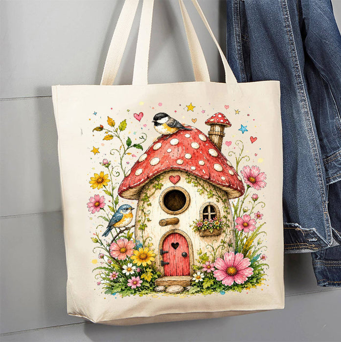 Mushroom Birdhouse Flowers Canvas Tote Bag