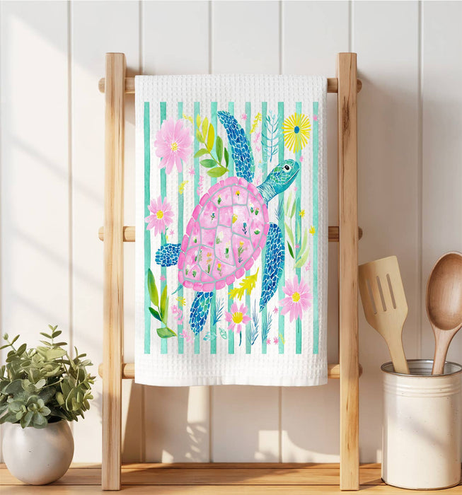 Coastal Sea Turtle Pastel Colors Waffle Weave Towel