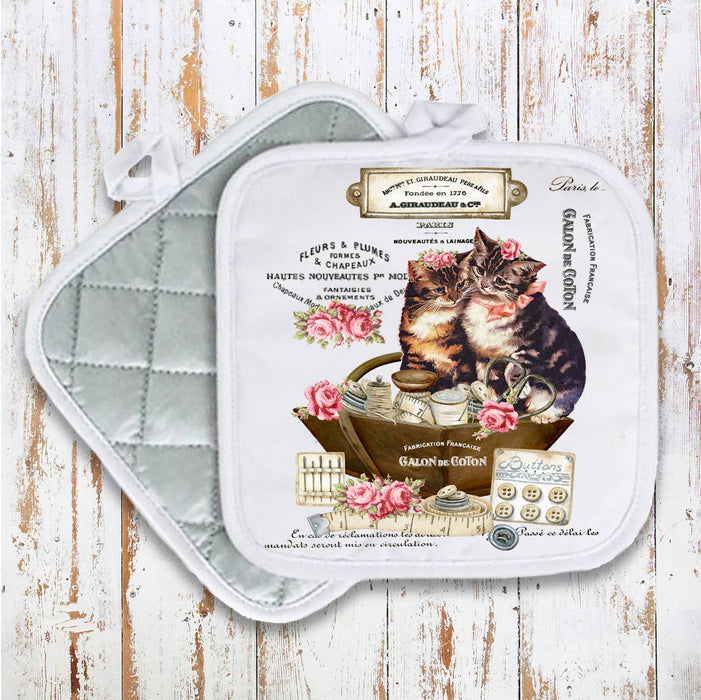 Country Vintage Fench Kittens Cats Pot Holder Oven Mitt