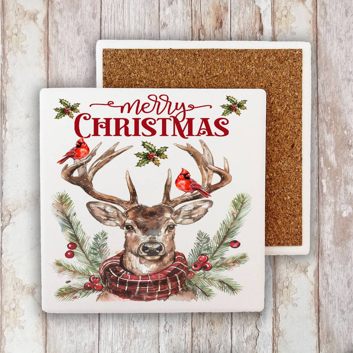 Christmas Reindeer Red Cardinals Stone Coaster
