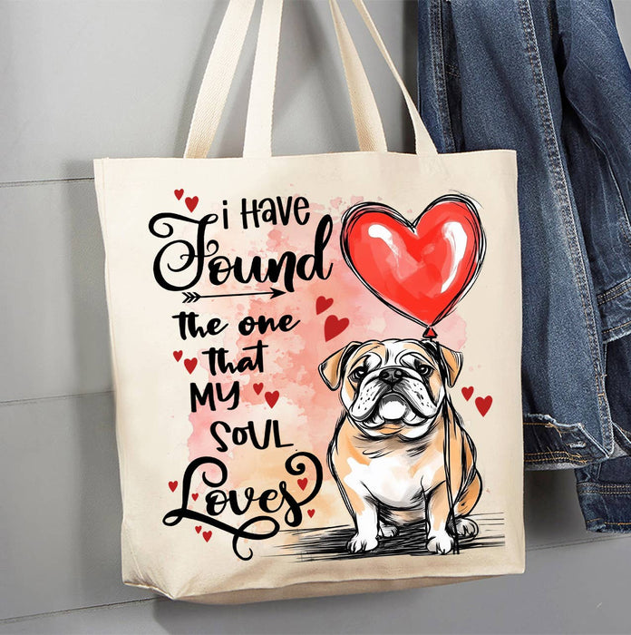 Dog Bull Dog Found My Love Valentine Canvas Tote Bag