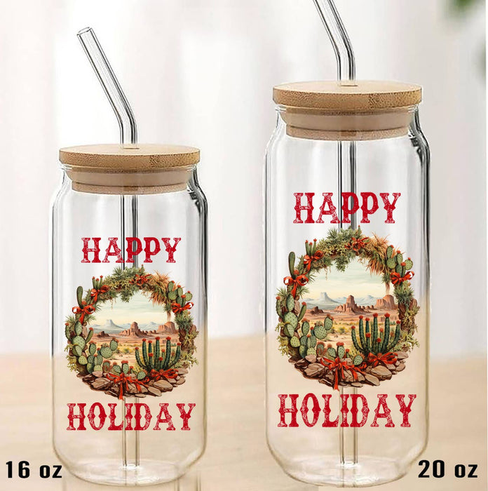 Christmas Happy Holiday Cactus Can Glass with Lid Straw