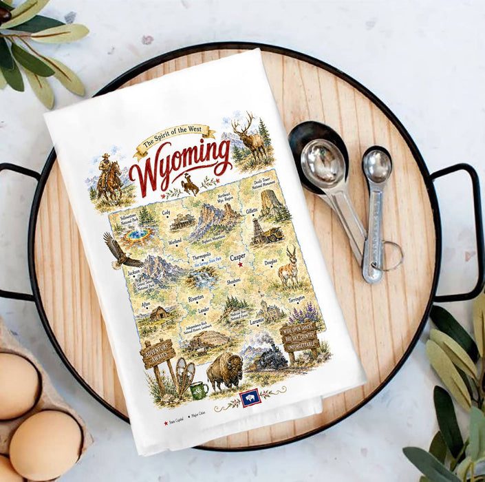 Wyoming State Map Landmark Tea Towel