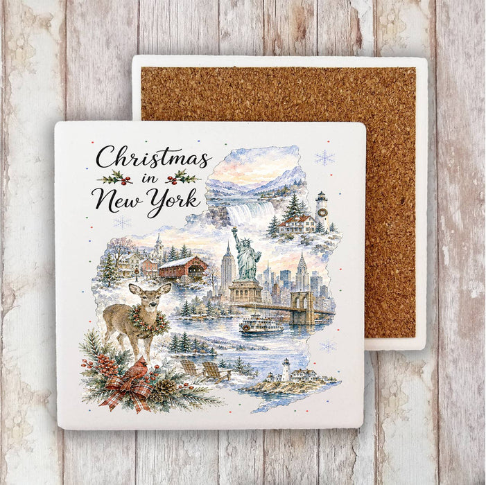 Christmas in New York State Map Stone Coaster