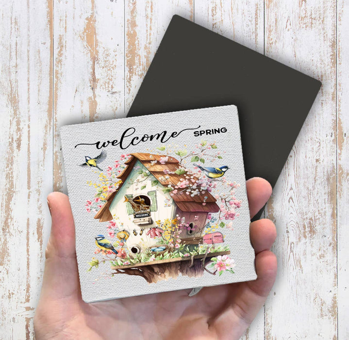 Welcome Spring Bird House Flowers Magnet Fridge