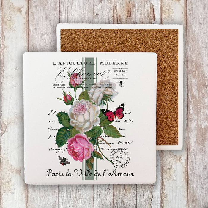 Vintage French Roses Butterfly Stone Coaster