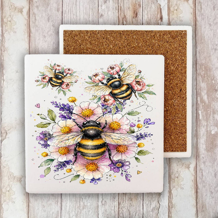 Whimsical Bees Flowers Stone Coaster
