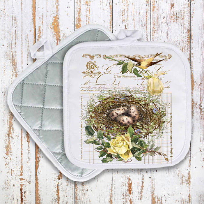 Vintage Shabby Chic Birds Nest Roses Pot Holder Oven Mitt