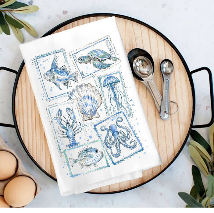 Coastal Blue Ocean Vintage Stamps Tea Towel