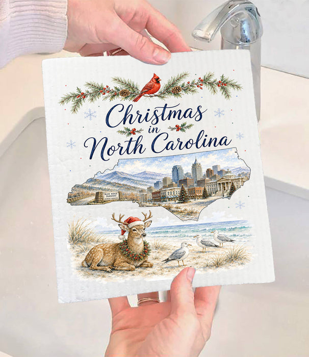 Christmas in North Carolina State Map Swedish Dishcloth
