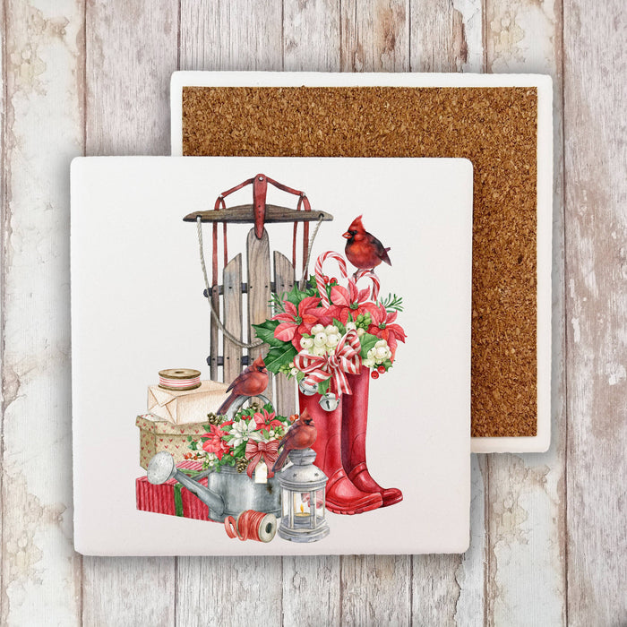 Christmas Sleigh Red Boots Cardinal Stone Coaster