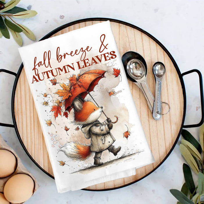 Fall Breeze Autumn Leaves Fox  Tea Towel