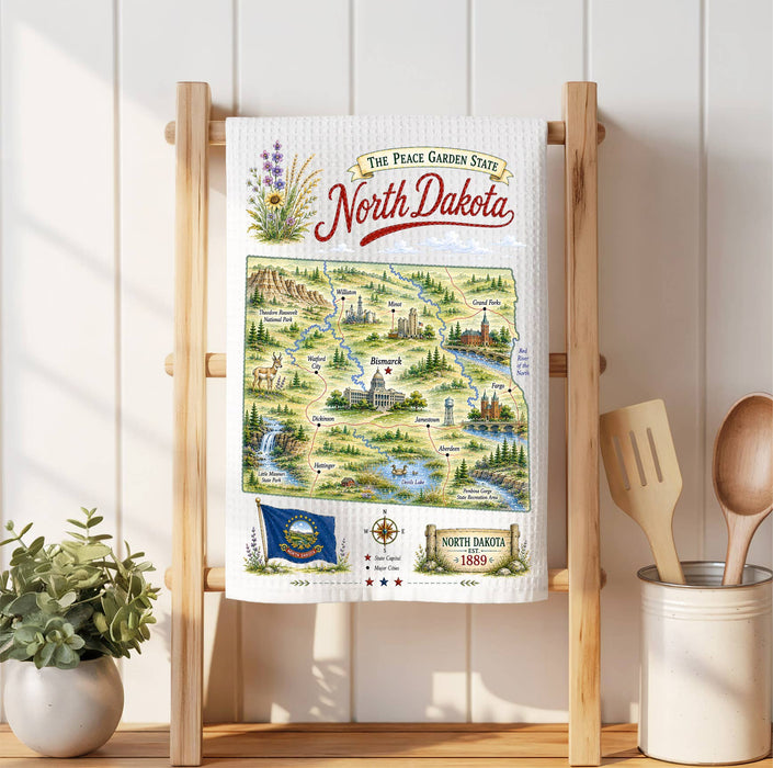 North Dakota State Map Landmark Waffle Weave Towel