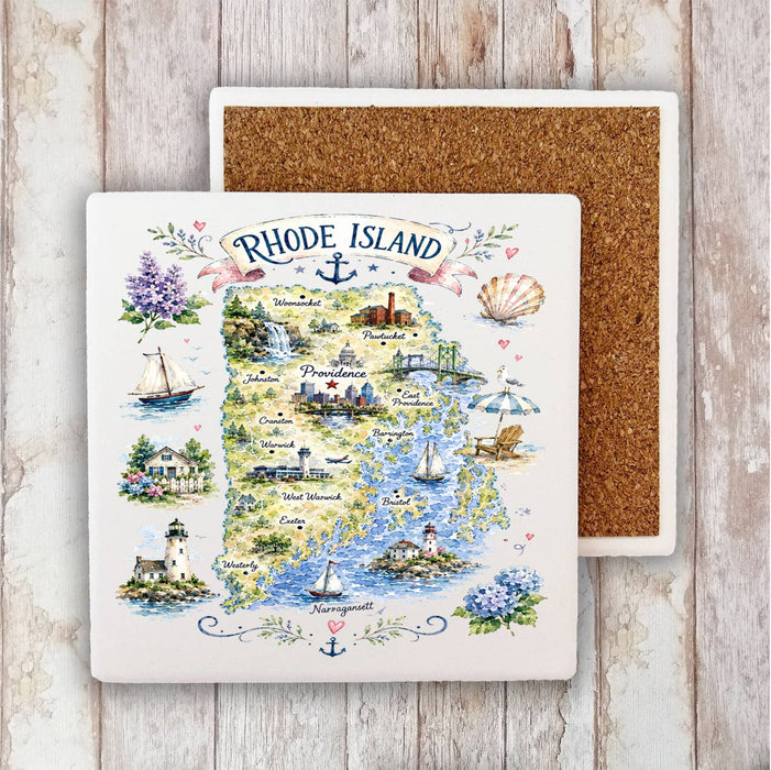 Rhode Island State Map Landmark Stone Coaster