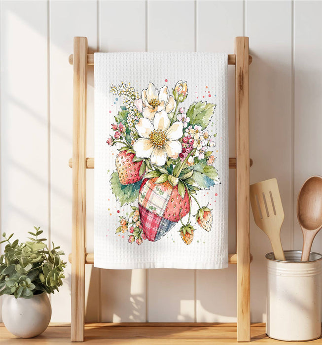 Watercolor Quilted Strawberry Waffle Weave Towel
