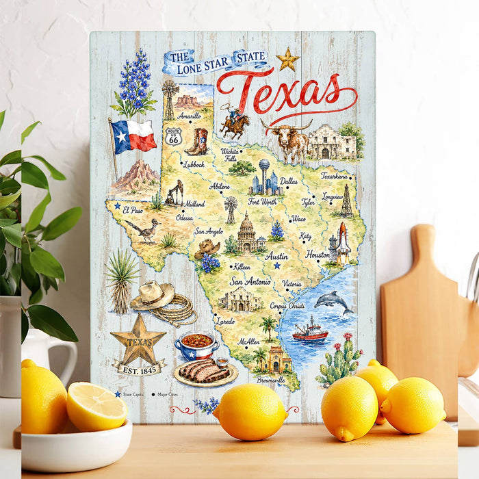 Texas State Map Landmark Glass Cutting Board