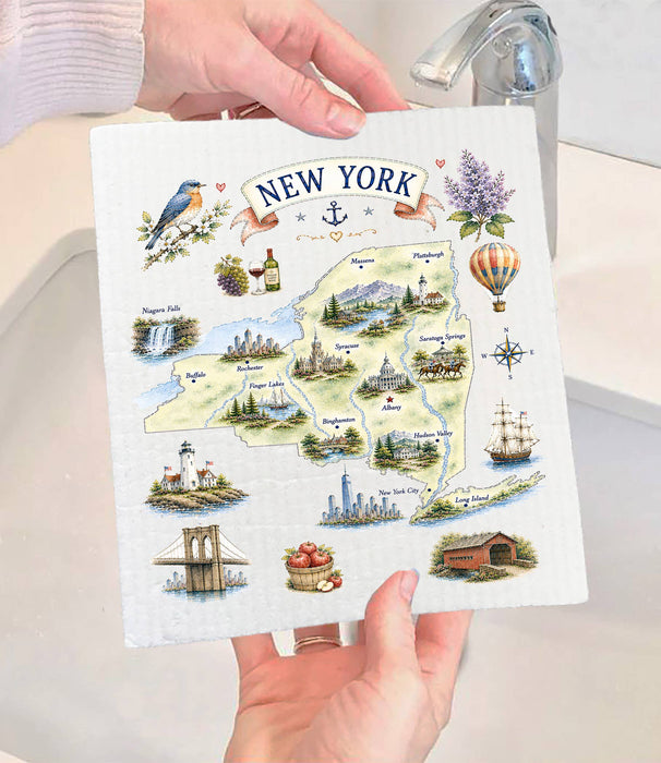 New York State Map Landmark Swedish Dishcloth
