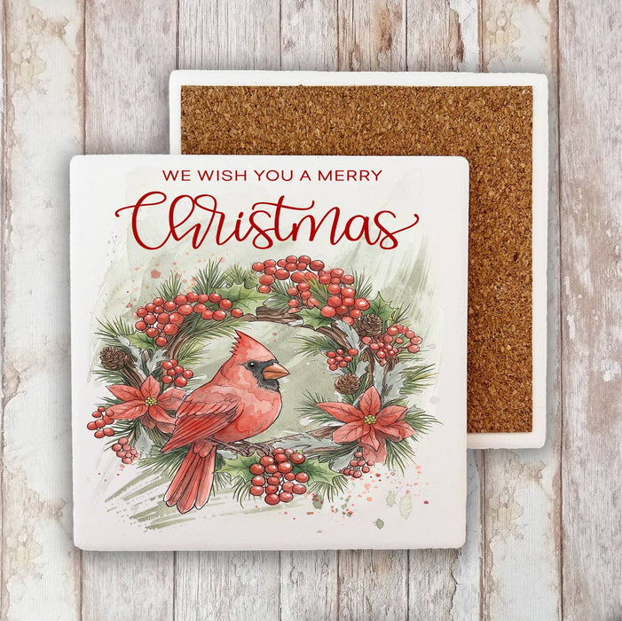 Christmas red Cardinak Wreath Stone Coaster