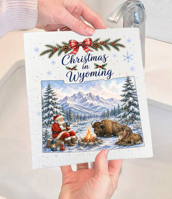 Christmas in Wyoming State Map Swedish Dishcloth