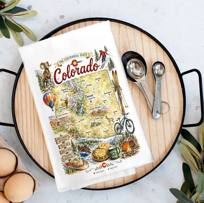 Colorado State Map Landmark Tea Towel