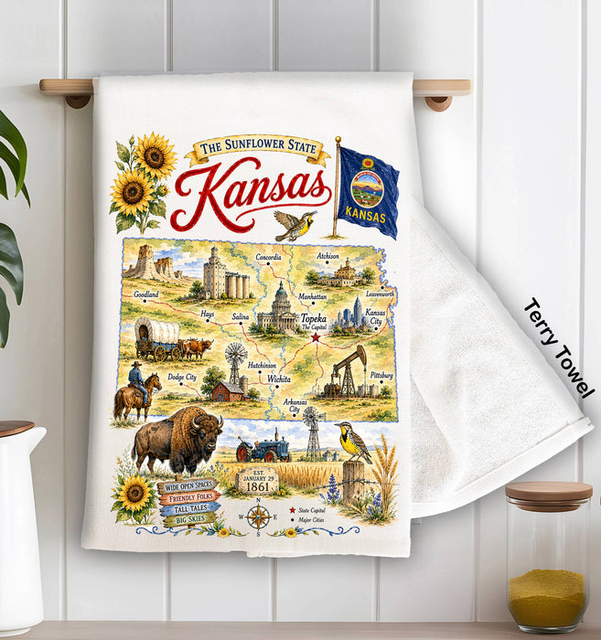 Kansas State Map Landmark Kitchen Terry Towel