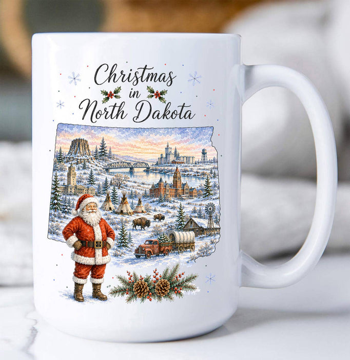 Christmas in North Dakota State Map Coffee Mug
