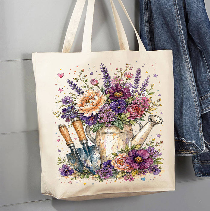 Watercolor Flower Watering Can Garden Canvas Tote Bag