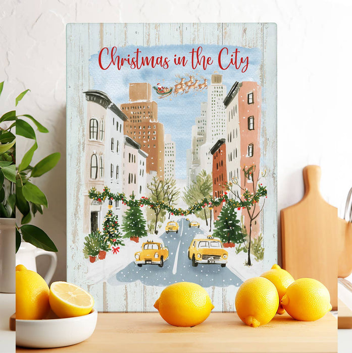 Christmas in the City Taxi Glass Cutting Board