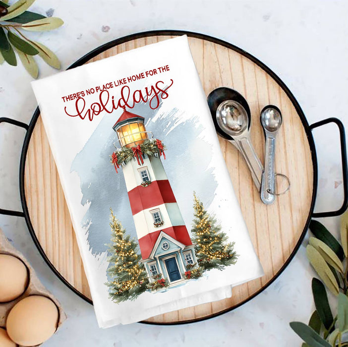 Coastal Christmas Lighthouse Home for Holiday Tea Towel