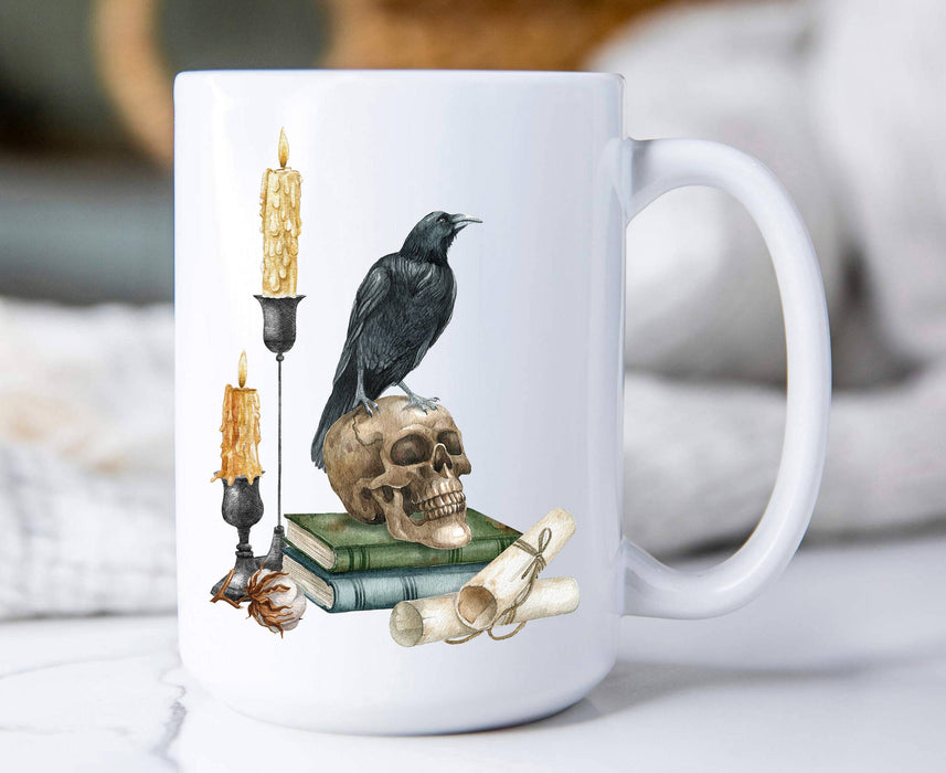 Halloween Black Crow Skull Candles Coffee Mug