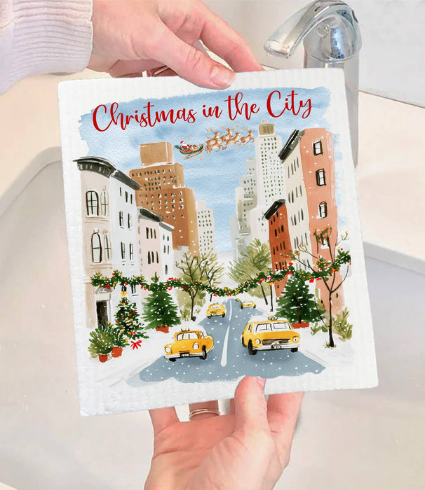 Christmas in the City Taxi Swedish Dishcloth