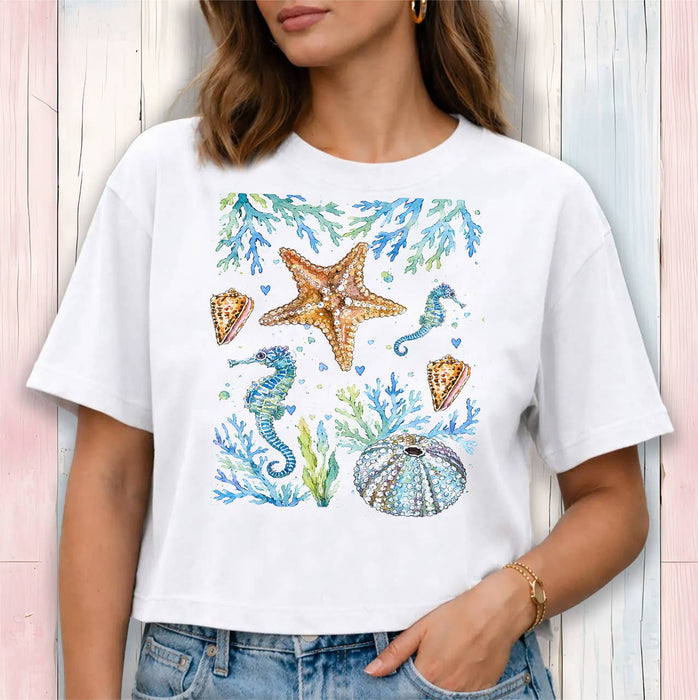 Coastal Blue Starfish Sea Horse Ocean Cropped T-Shirt