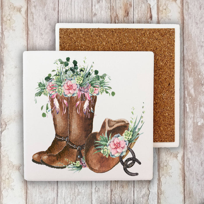 Western Cowboy Boots Flowers Southwestern Stone Coaster